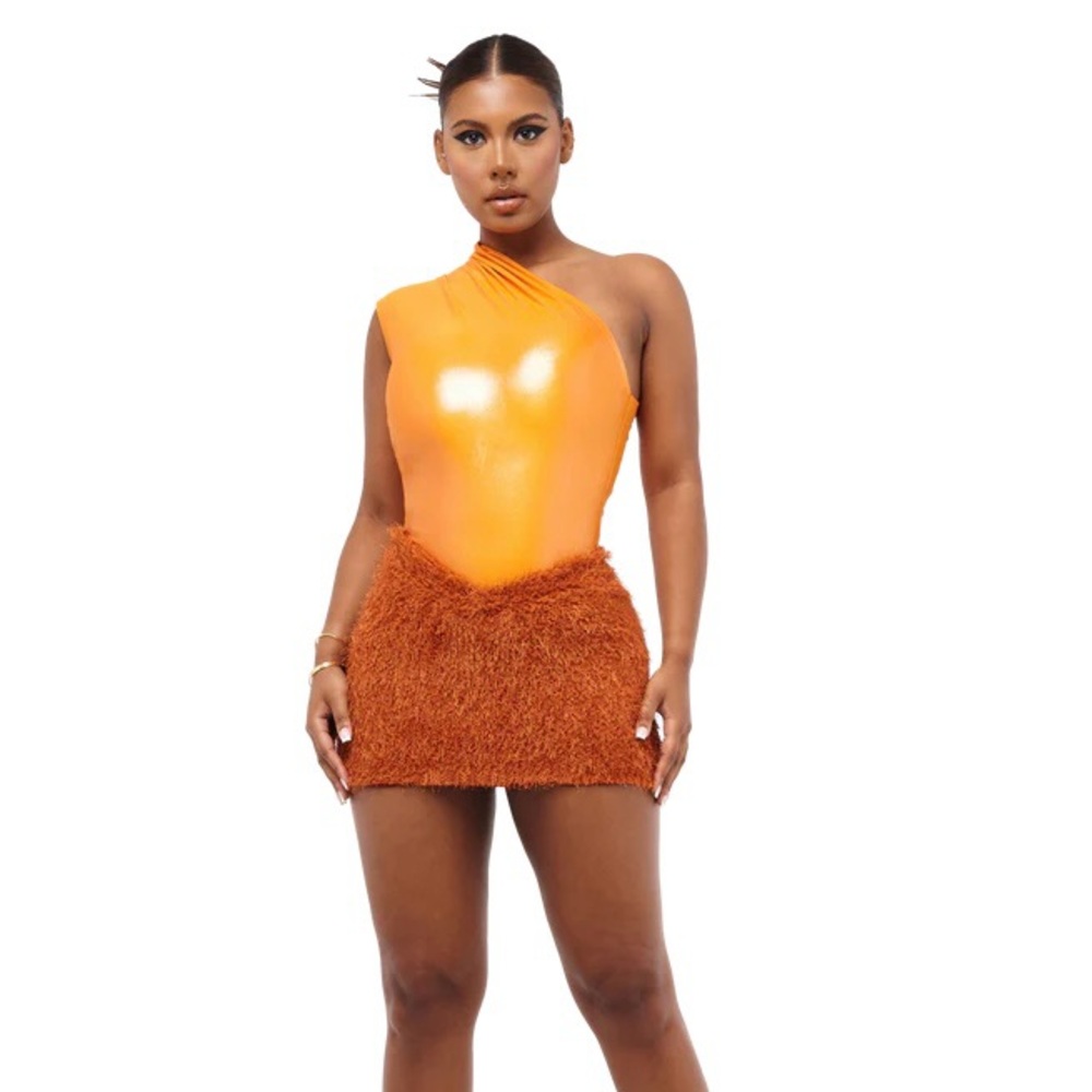 Orange One-Shoulder Bodysuit and Skirt Set